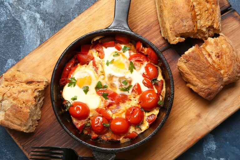 Frying,Pan,With,Tasty,Shakshouka,And,Bread,On,Blue,Background