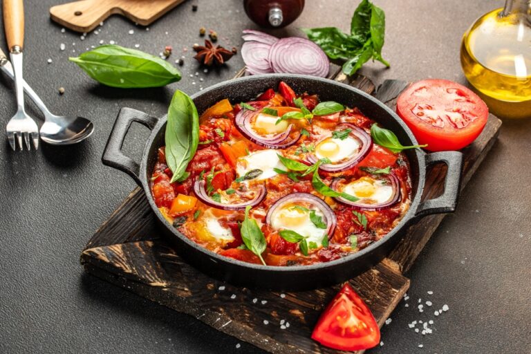 Homemade,Shakshouka.,Egg,Dish,With,Tomato,Sauce,Served,In,Cast