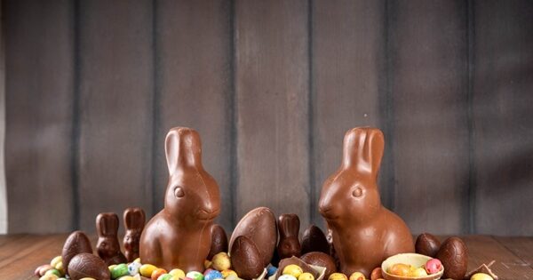 lapins et oeufs en chocolat au lait